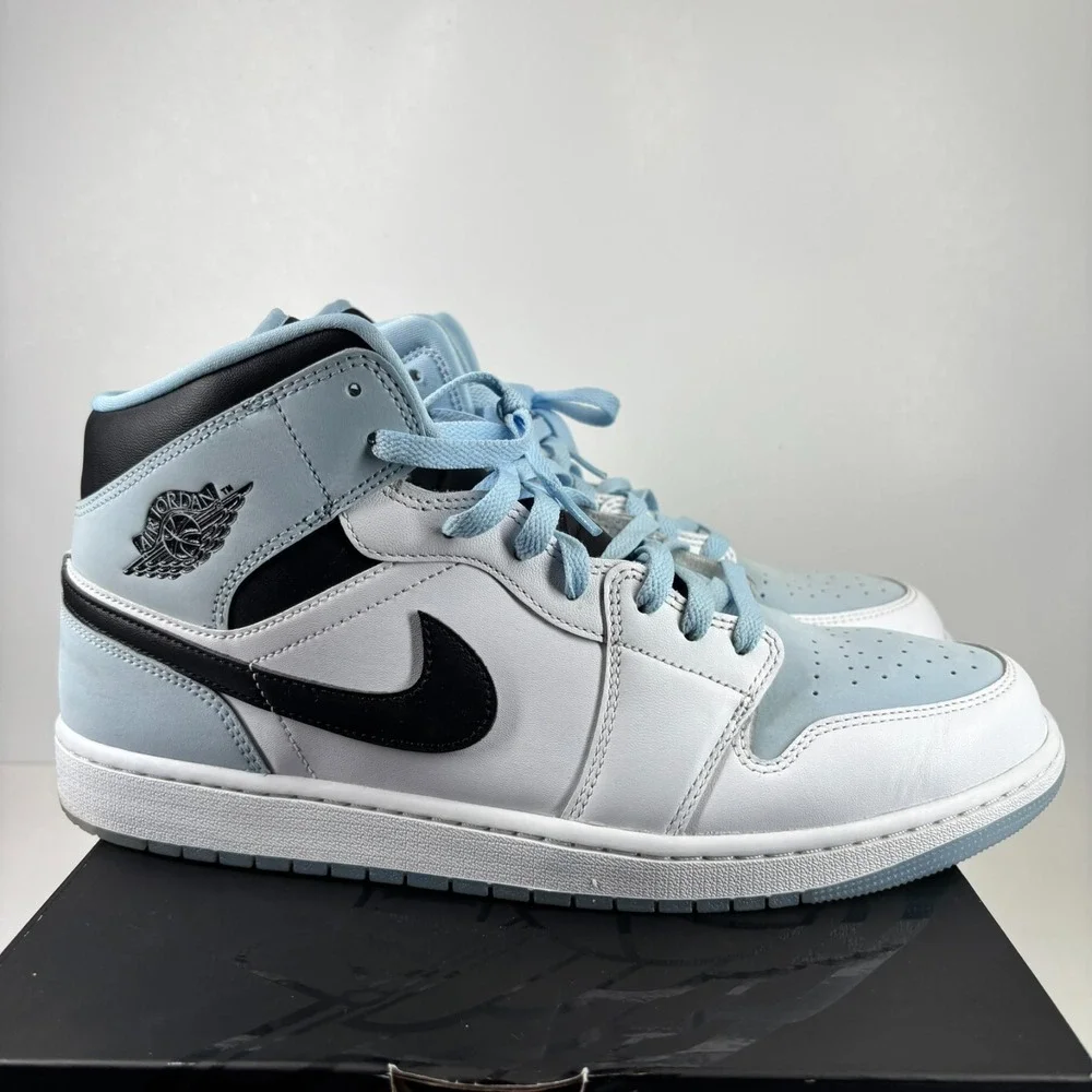 Nike‎ Air Jordan 1 Mid SE Men's US 13 White/Ice Blue/Black Sneakers DV1308-104
